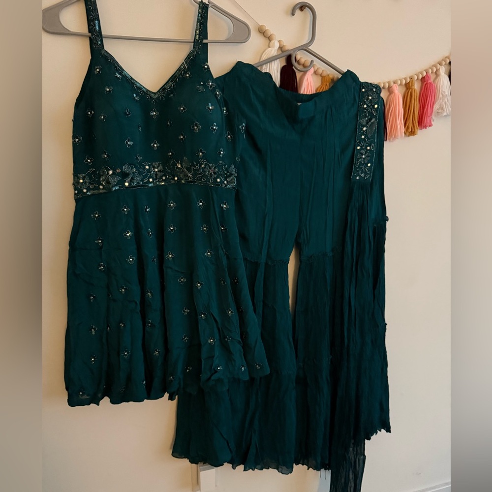 Elegant Teal blue Embellished sharara suit with dupatta